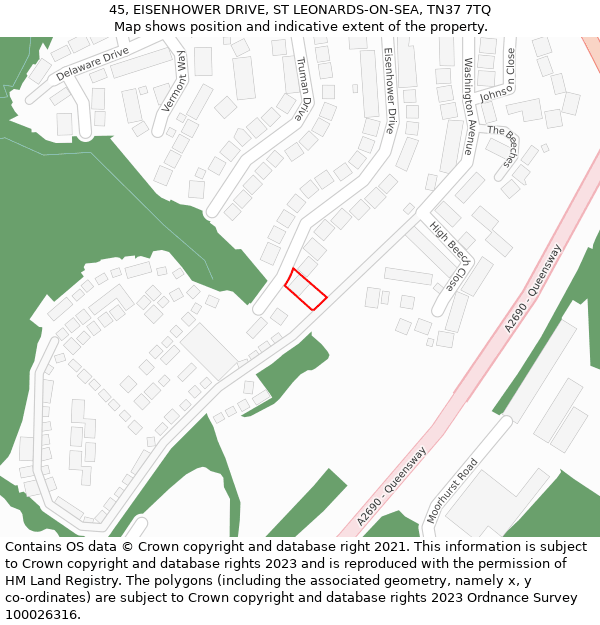 45, EISENHOWER DRIVE, ST LEONARDS-ON-SEA, TN37 7TQ: Location map and indicative extent of plot