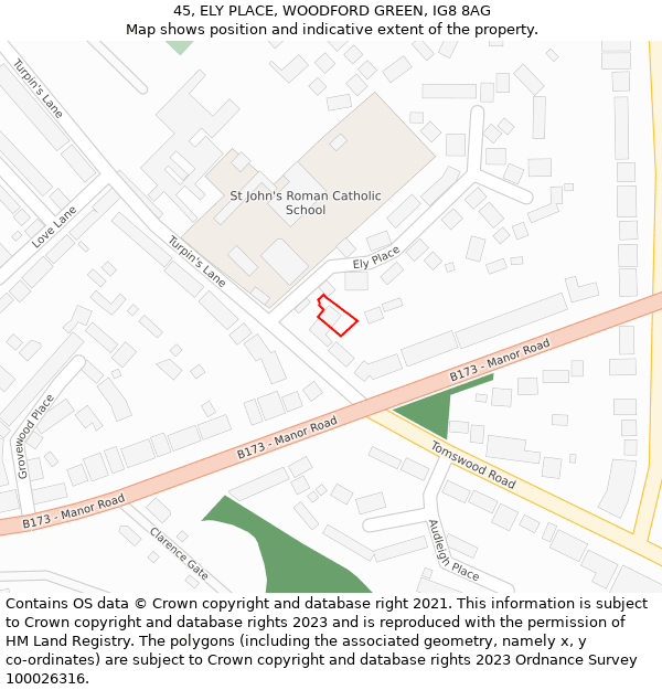 45, ELY PLACE, WOODFORD GREEN, IG8 8AG: Location map and indicative extent of plot