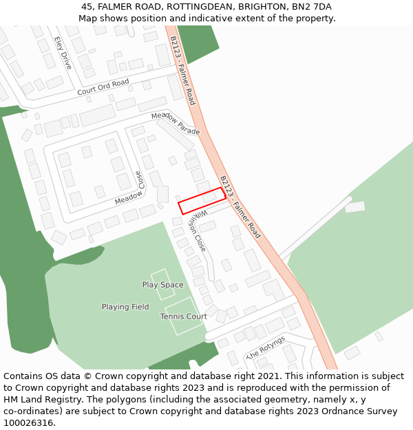 45, FALMER ROAD, ROTTINGDEAN, BRIGHTON, BN2 7DA: Location map and indicative extent of plot