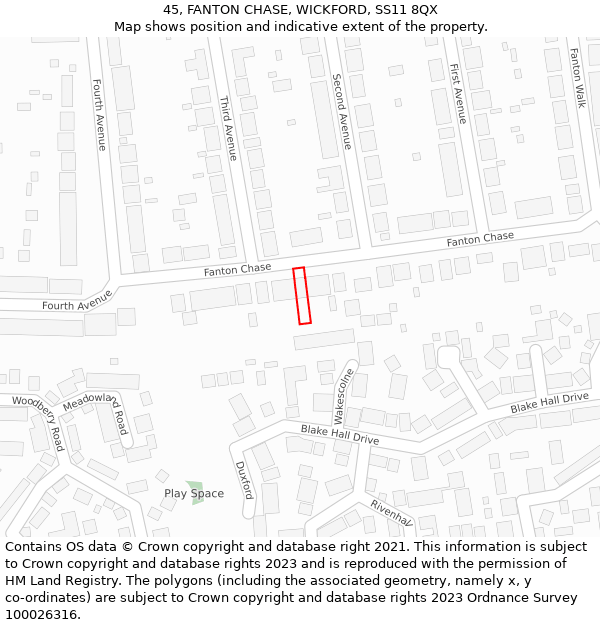 45, FANTON CHASE, WICKFORD, SS11 8QX: Location map and indicative extent of plot