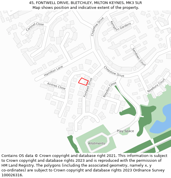 45, FONTWELL DRIVE, BLETCHLEY, MILTON KEYNES, MK3 5LR: Location map and indicative extent of plot