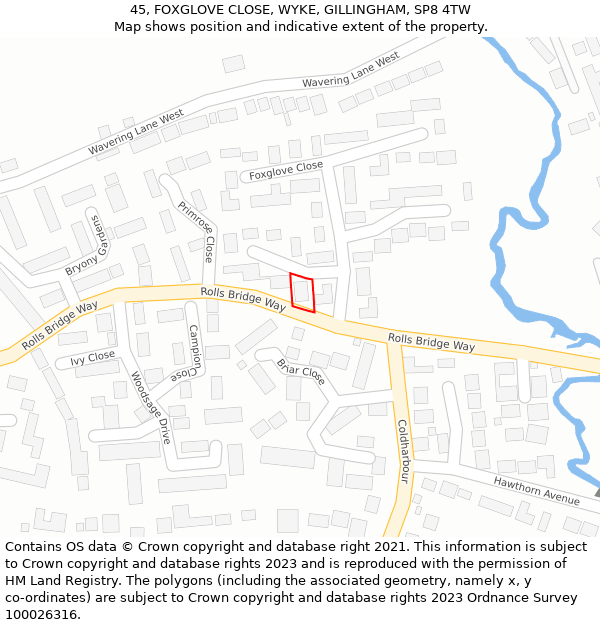 45, FOXGLOVE CLOSE, WYKE, GILLINGHAM, SP8 4TW: Location map and indicative extent of plot