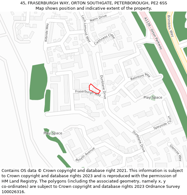 45, FRASERBURGH WAY, ORTON SOUTHGATE, PETERBOROUGH, PE2 6SS: Location map and indicative extent of plot