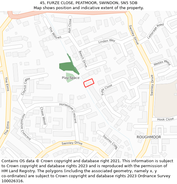 45, FURZE CLOSE, PEATMOOR, SWINDON, SN5 5DB: Location map and indicative extent of plot