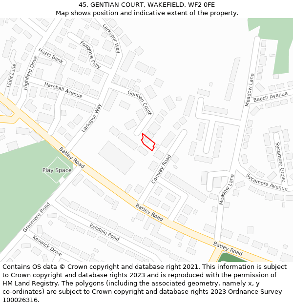 45, GENTIAN COURT, WAKEFIELD, WF2 0FE: Location map and indicative extent of plot