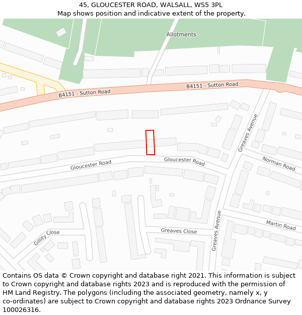 45, GLOUCESTER ROAD, WALSALL, WS5 3PL: Location map and indicative extent of plot