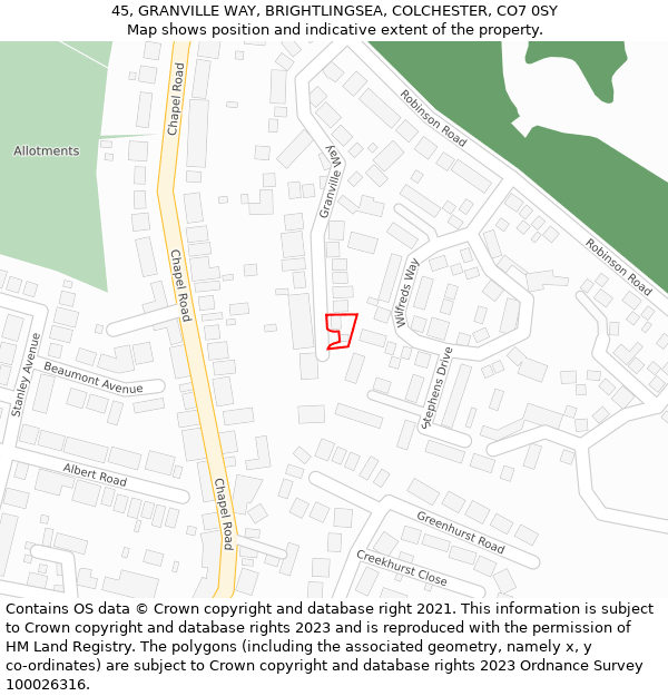 45, GRANVILLE WAY, BRIGHTLINGSEA, COLCHESTER, CO7 0SY: Location map and indicative extent of plot