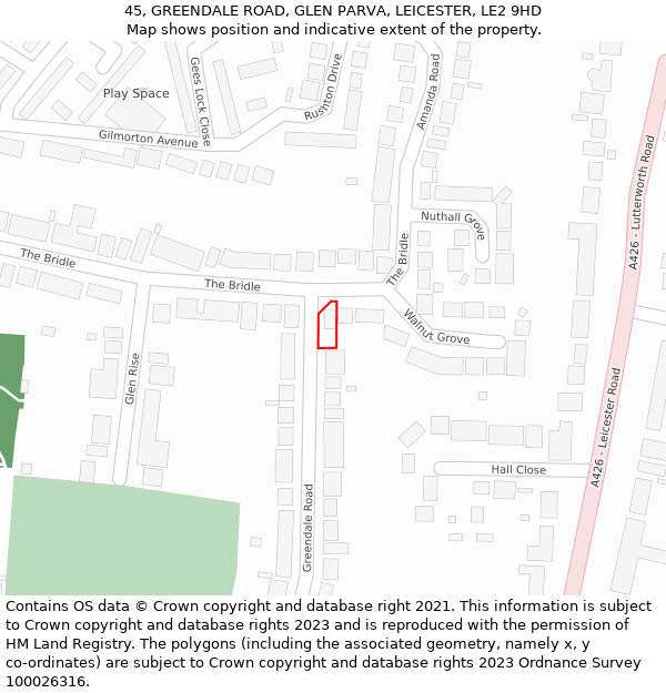 45, GREENDALE ROAD, GLEN PARVA, LEICESTER, LE2 9HD: Location map and indicative extent of plot