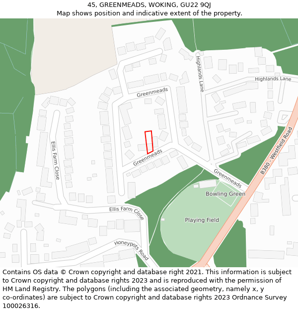 45, GREENMEADS, WOKING, GU22 9QJ: Location map and indicative extent of plot