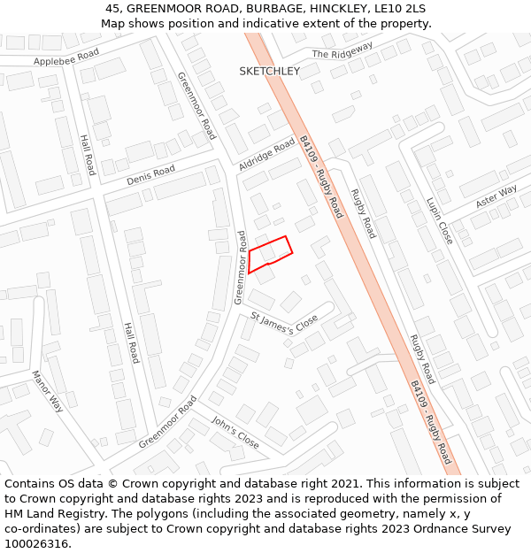 45, GREENMOOR ROAD, BURBAGE, HINCKLEY, LE10 2LS: Location map and indicative extent of plot