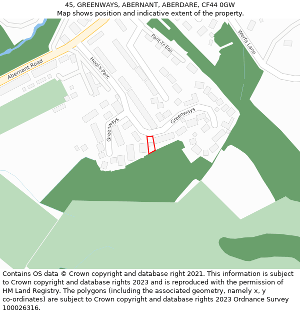 45, GREENWAYS, ABERNANT, ABERDARE, CF44 0GW: Location map and indicative extent of plot