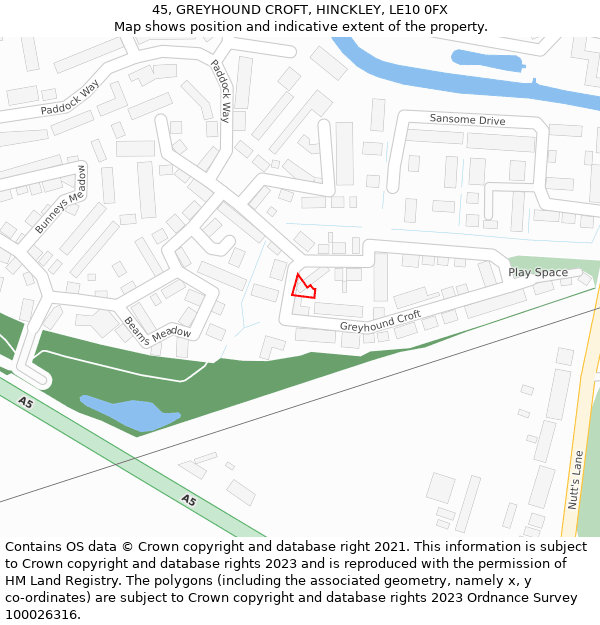 45, GREYHOUND CROFT, HINCKLEY, LE10 0FX: Location map and indicative extent of plot