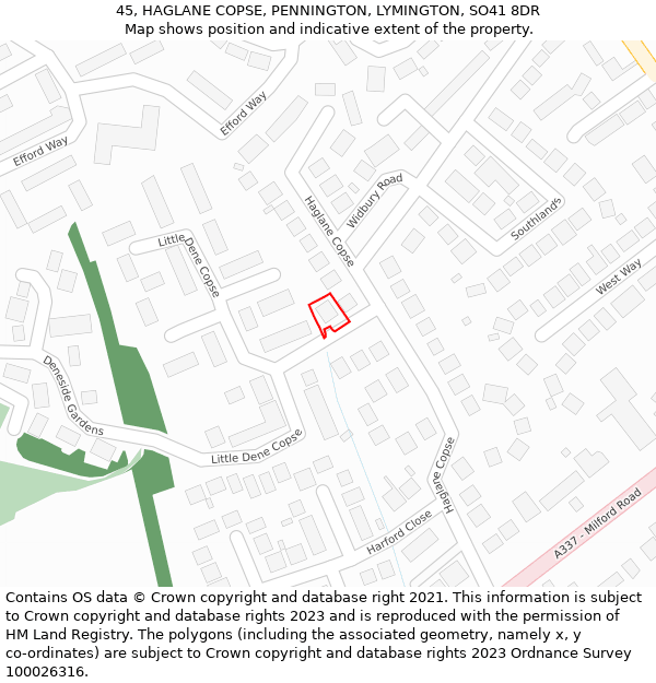 45, HAGLANE COPSE, PENNINGTON, LYMINGTON, SO41 8DR: Location map and indicative extent of plot