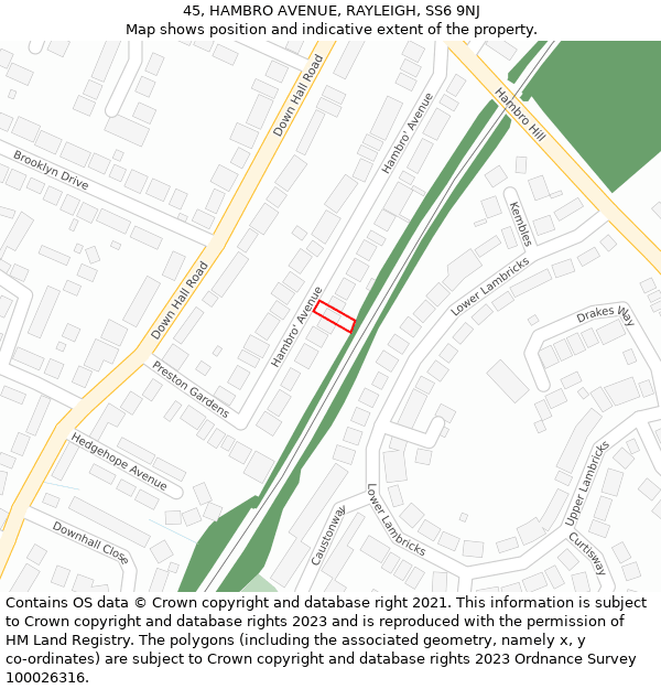 45, HAMBRO AVENUE, RAYLEIGH, SS6 9NJ: Location map and indicative extent of plot