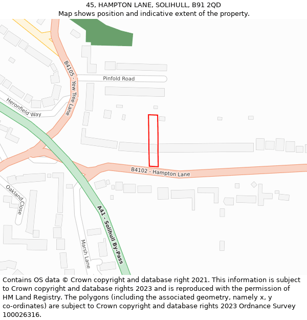 45, HAMPTON LANE, SOLIHULL, B91 2QD: Location map and indicative extent of plot