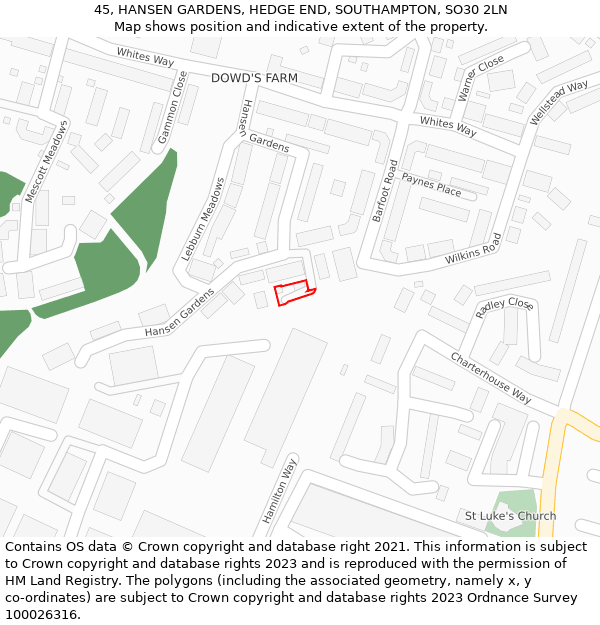 45, HANSEN GARDENS, HEDGE END, SOUTHAMPTON, SO30 2LN: Location map and indicative extent of plot