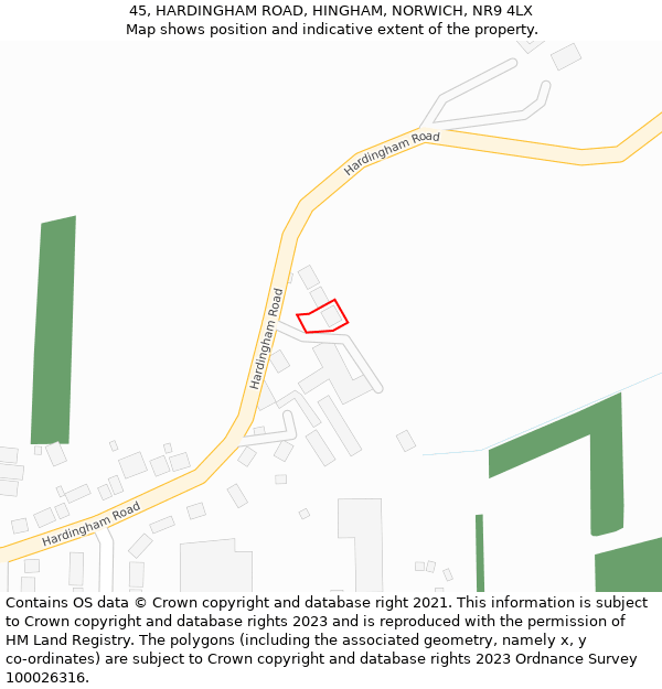 45, HARDINGHAM ROAD, HINGHAM, NORWICH, NR9 4LX: Location map and indicative extent of plot