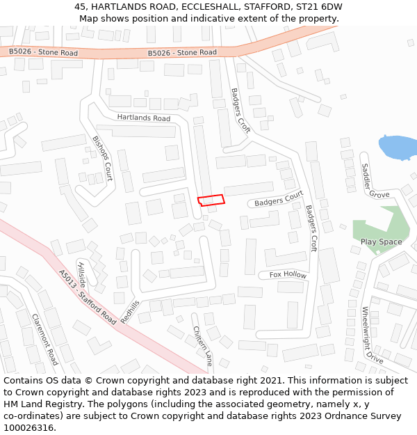 45, HARTLANDS ROAD, ECCLESHALL, STAFFORD, ST21 6DW: Location map and indicative extent of plot