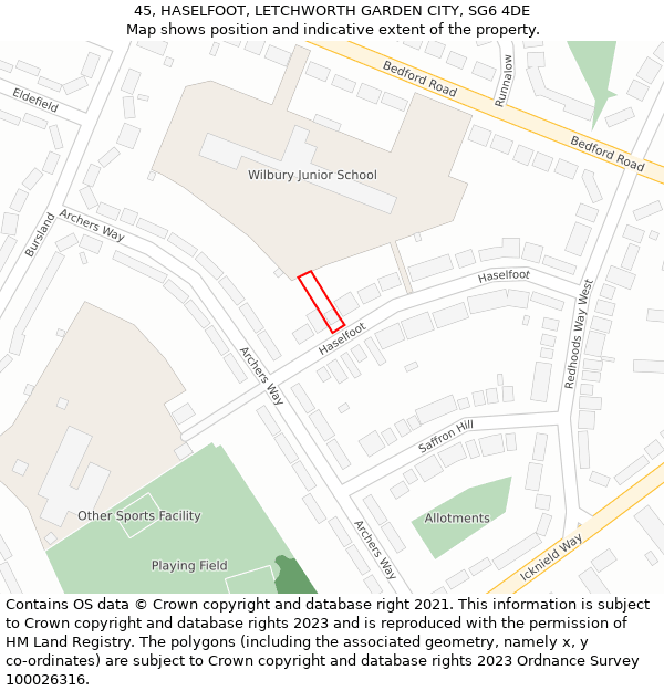 45, HASELFOOT, LETCHWORTH GARDEN CITY, SG6 4DE: Location map and indicative extent of plot