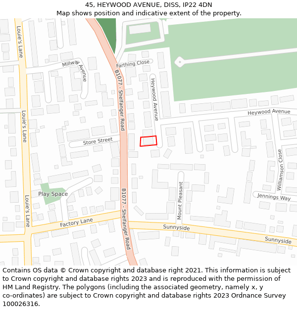 45, HEYWOOD AVENUE, DISS, IP22 4DN: Location map and indicative extent of plot