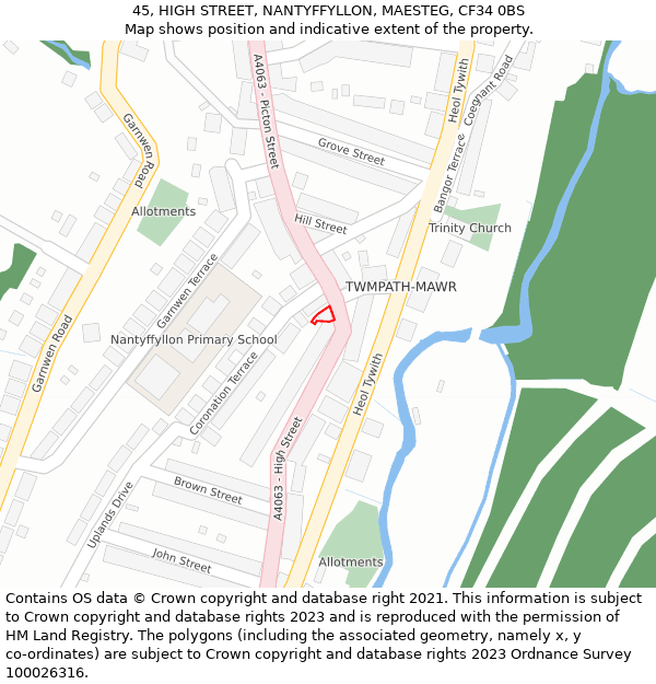 45, HIGH STREET, NANTYFFYLLON, MAESTEG, CF34 0BS: Location map and indicative extent of plot