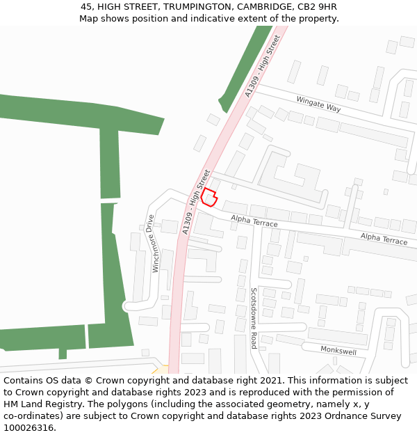 45, HIGH STREET, TRUMPINGTON, CAMBRIDGE, CB2 9HR: Location map and indicative extent of plot