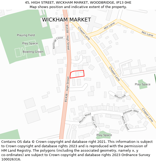 45, HIGH STREET, WICKHAM MARKET, WOODBRIDGE, IP13 0HE: Location map and indicative extent of plot