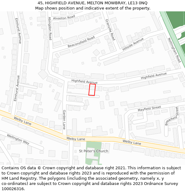 45, HIGHFIELD AVENUE, MELTON MOWBRAY, LE13 0NQ: Location map and indicative extent of plot