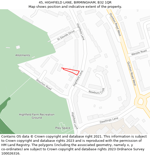 45, HIGHFIELD LANE, BIRMINGHAM, B32 1QR: Location map and indicative extent of plot