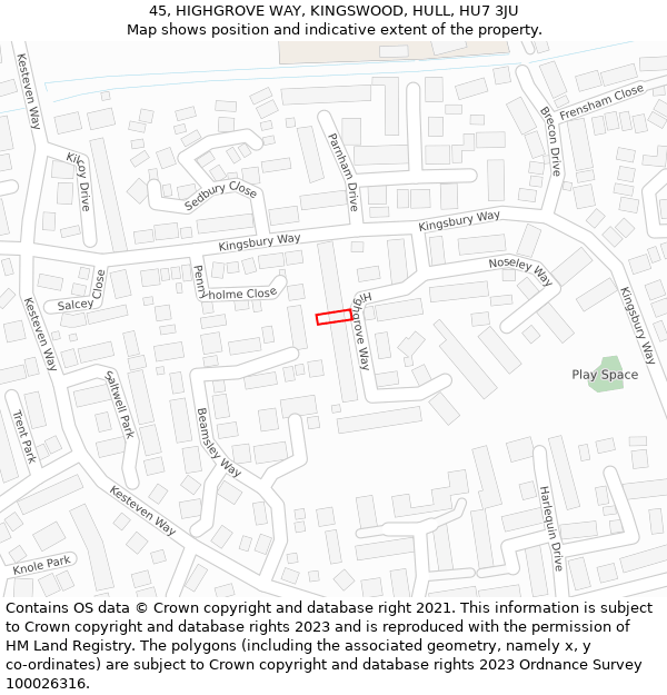 45, HIGHGROVE WAY, KINGSWOOD, HULL, HU7 3JU: Location map and indicative extent of plot