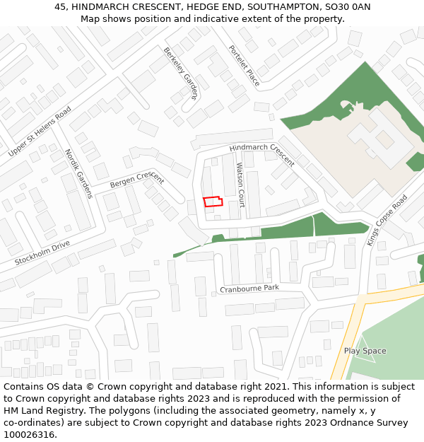 45, HINDMARCH CRESCENT, HEDGE END, SOUTHAMPTON, SO30 0AN: Location map and indicative extent of plot