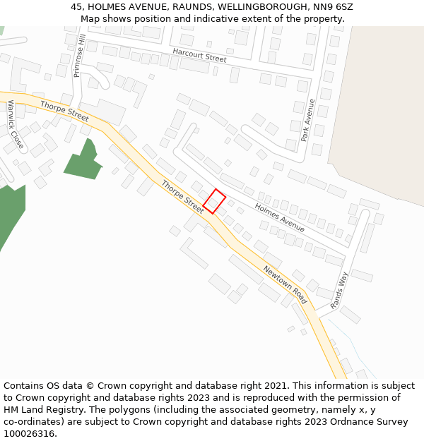 45, HOLMES AVENUE, RAUNDS, WELLINGBOROUGH, NN9 6SZ: Location map and indicative extent of plot