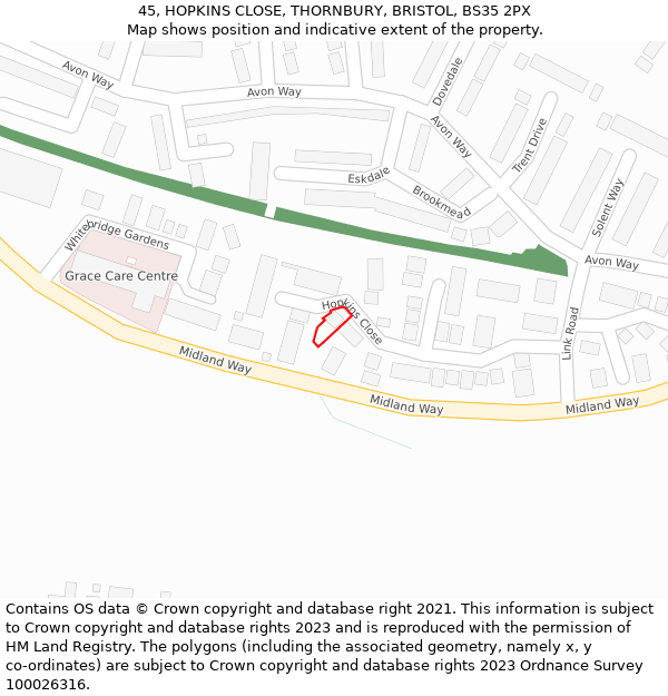 45, HOPKINS CLOSE, THORNBURY, BRISTOL, BS35 2PX: Location map and indicative extent of plot