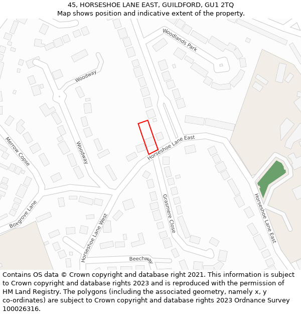 45, HORSESHOE LANE EAST, GUILDFORD, GU1 2TQ: Location map and indicative extent of plot