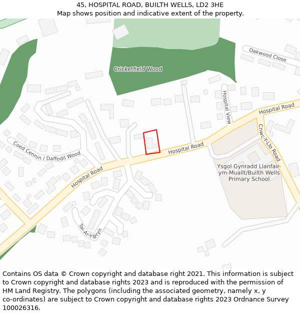 45, HOSPITAL ROAD, BUILTH WELLS, LD2 3HE: Location map and indicative extent of plot