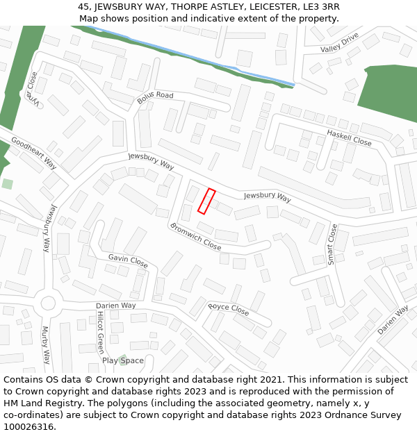 45, JEWSBURY WAY, THORPE ASTLEY, LEICESTER, LE3 3RR: Location map and indicative extent of plot