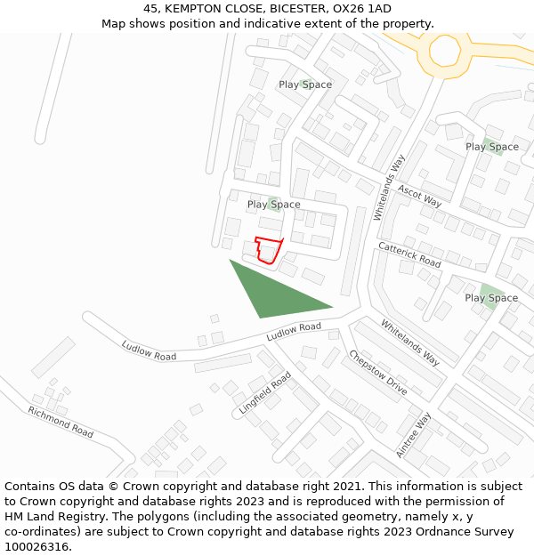 45, KEMPTON CLOSE, BICESTER, OX26 1AD: Location map and indicative extent of plot