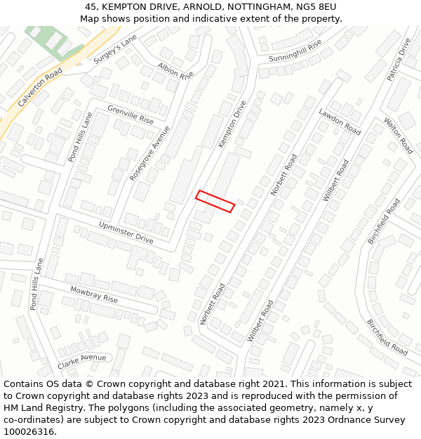 45, KEMPTON DRIVE, ARNOLD, NOTTINGHAM, NG5 8EU: Location map and indicative extent of plot