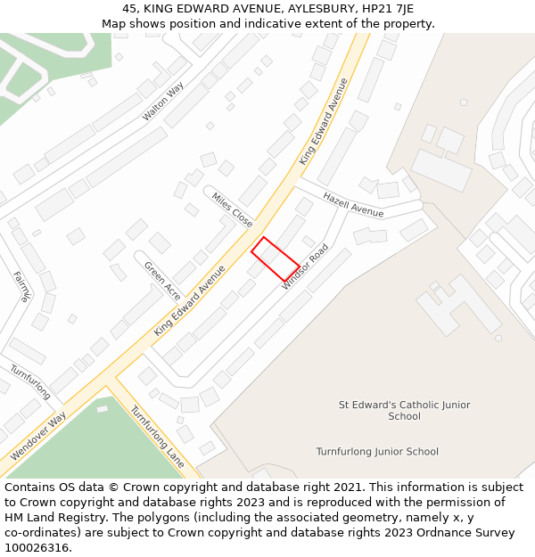 45, KING EDWARD AVENUE, AYLESBURY, HP21 7JE: Location map and indicative extent of plot