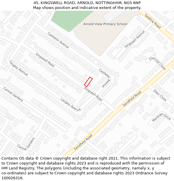 45, KINGSWELL ROAD, ARNOLD, NOTTINGHAM, NG5 6NP: Location map and indicative extent of plot