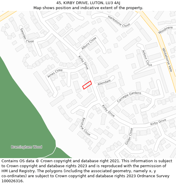 45, KIRBY DRIVE, LUTON, LU3 4AJ: Location map and indicative extent of plot