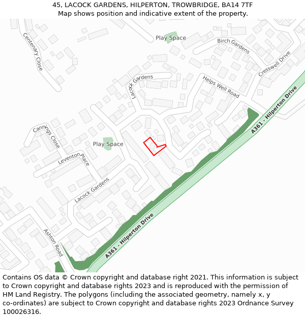 45, LACOCK GARDENS, HILPERTON, TROWBRIDGE, BA14 7TF: Location map and indicative extent of plot