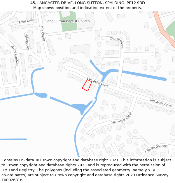 45, LANCASTER DRIVE, LONG SUTTON, SPALDING, PE12 9BD: Location map and indicative extent of plot