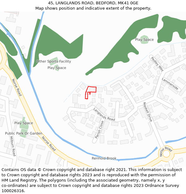 45, LANGLANDS ROAD, BEDFORD, MK41 0GE: Location map and indicative extent of plot