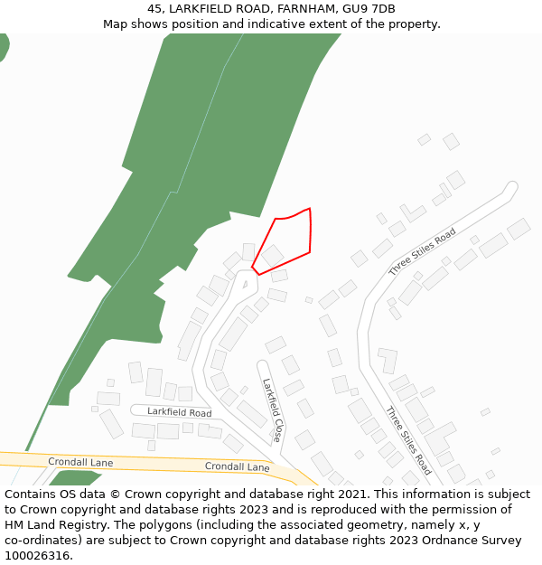 45, LARKFIELD ROAD, FARNHAM, GU9 7DB: Location map and indicative extent of plot