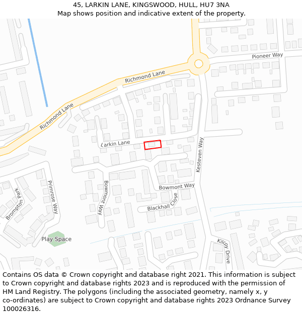 45, LARKIN LANE, KINGSWOOD, HULL, HU7 3NA: Location map and indicative extent of plot