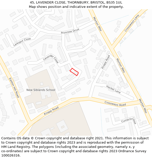 45, LAVENDER CLOSE, THORNBURY, BRISTOL, BS35 1UL: Location map and indicative extent of plot