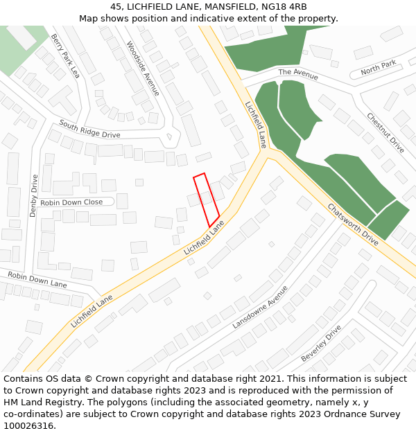 45, LICHFIELD LANE, MANSFIELD, NG18 4RB: Location map and indicative extent of plot