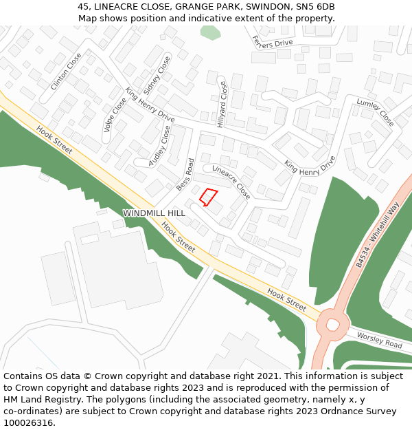 45, LINEACRE CLOSE, GRANGE PARK, SWINDON, SN5 6DB: Location map and indicative extent of plot