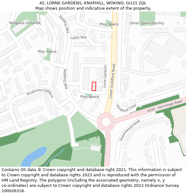 45, LORNE GARDENS, KNAPHILL, WOKING, GU21 2QL: Location map and indicative extent of plot